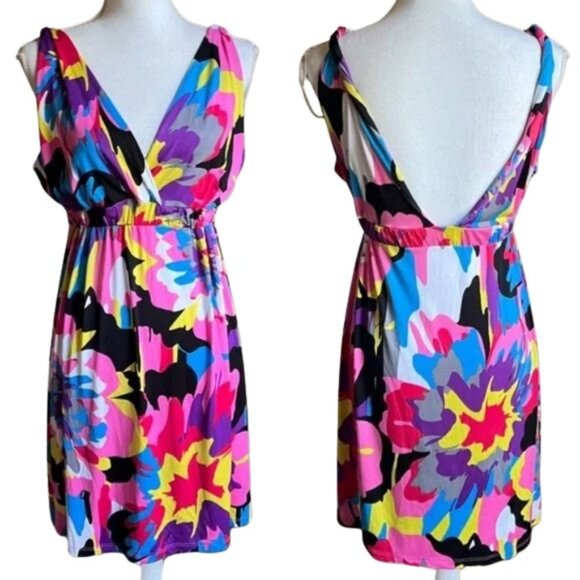 Trac Watercolor Deep V Neck, V Back Dress Elastic Waist sz L - Picture 1 of 14